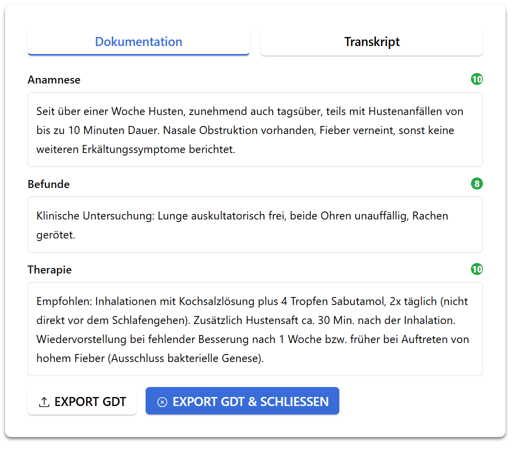 Zusammenfassung der medizinischen Dokumentation in Anamnese, Befund und Procedere erstellt per KI
